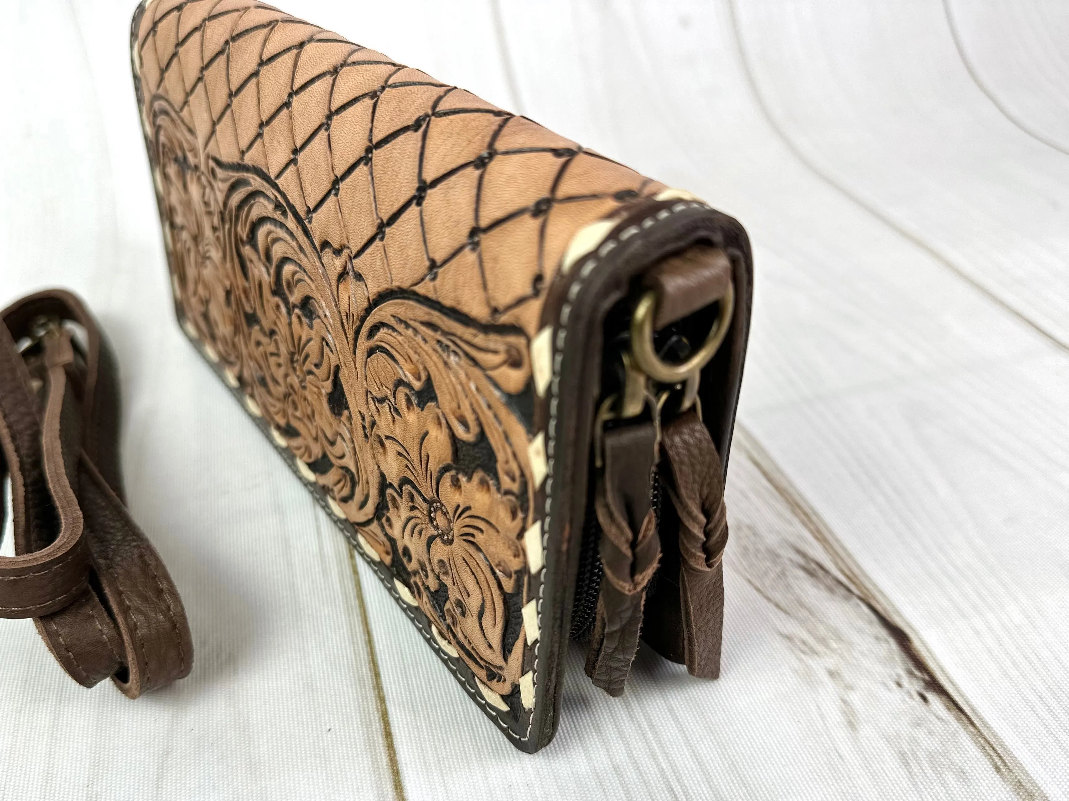 Rustic Lattice and Floral Tooled Leather Wallet Organizer Carryall