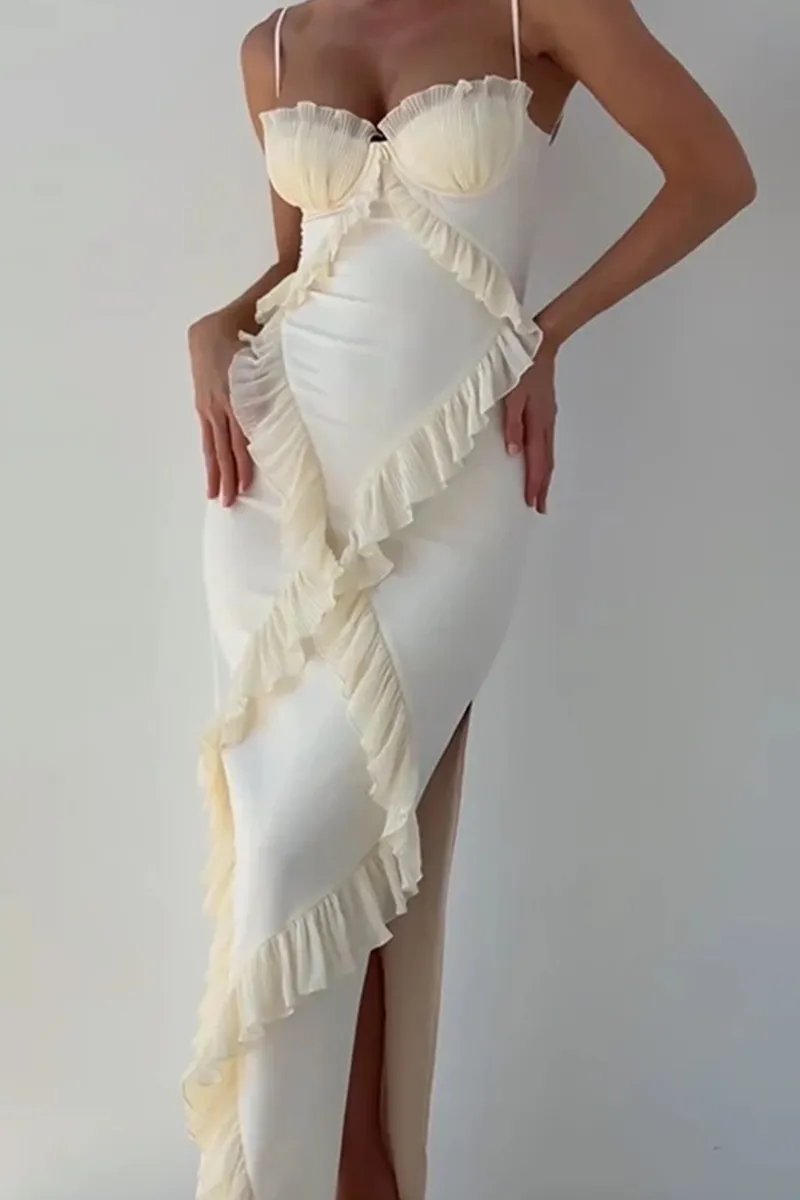 Sexy Patchwork Ruffle V Neck Sling Dresses