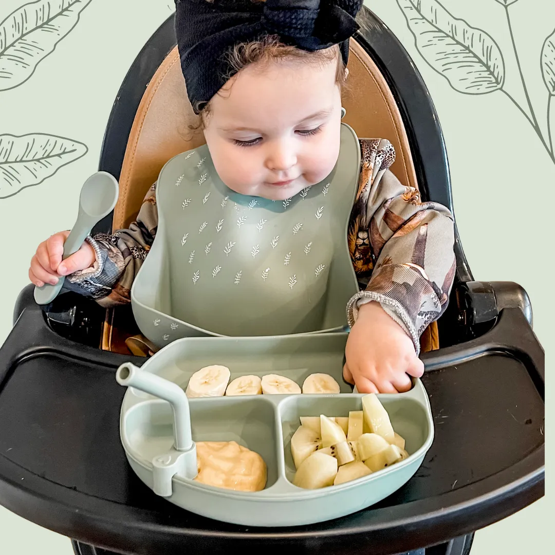 Silicone Plate with Straw & Spoon - Olive