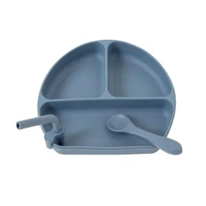 Silicone Plate with Straw & Spoon - Slate Blue