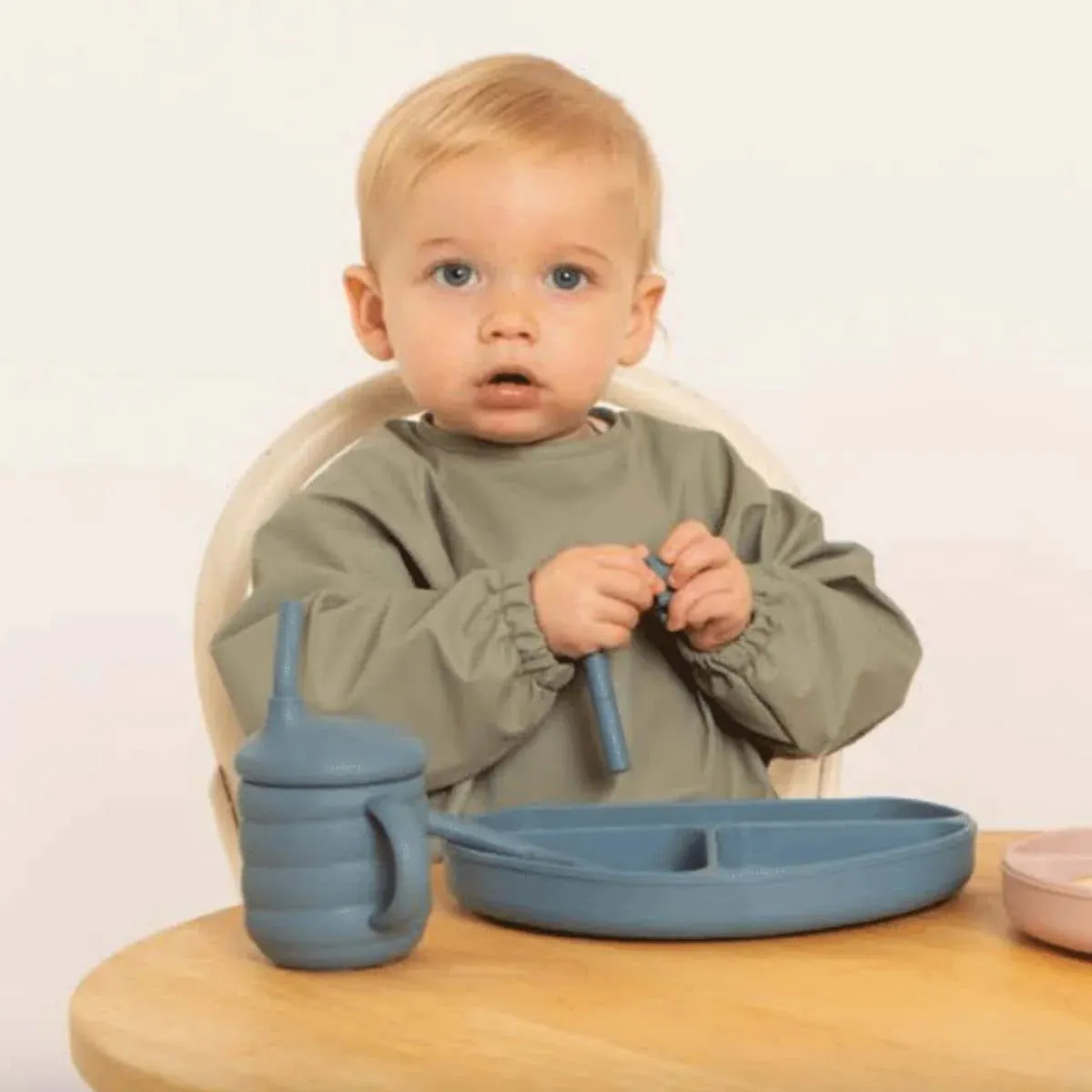 Silicone Plate with Straw & Spoon - Slate Blue