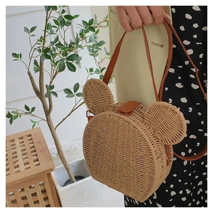 Small Round Rattan Mickey Shoulder Bag- Cute Mickey Handbag for Travel & Beach Vacations