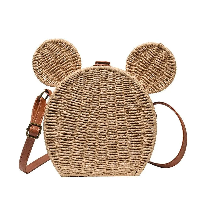 Small Round Rattan Mickey Shoulder Bag- Cute Mickey Handbag for Travel & Beach Vacations