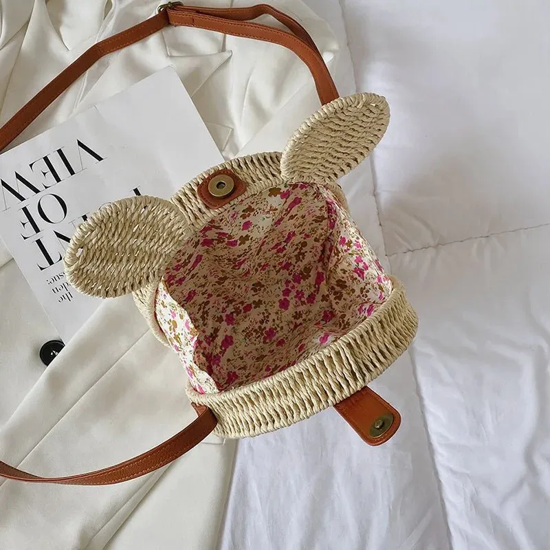 Small Round Rattan Mickey Shoulder Bag- Cute Mickey Handbag for Travel & Beach Vacations