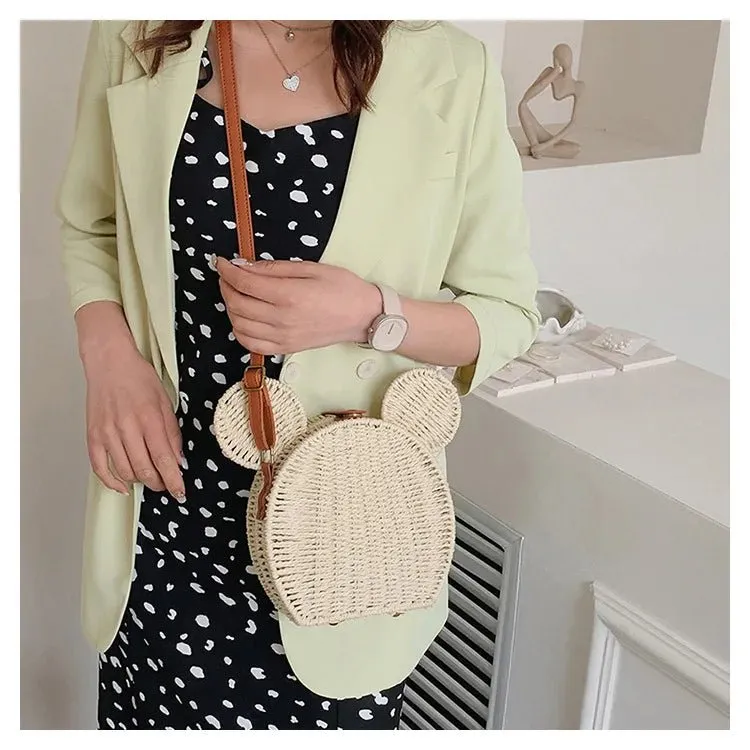 Small Round Rattan Mickey Shoulder Bag- Cute Mickey Handbag for Travel & Beach Vacations