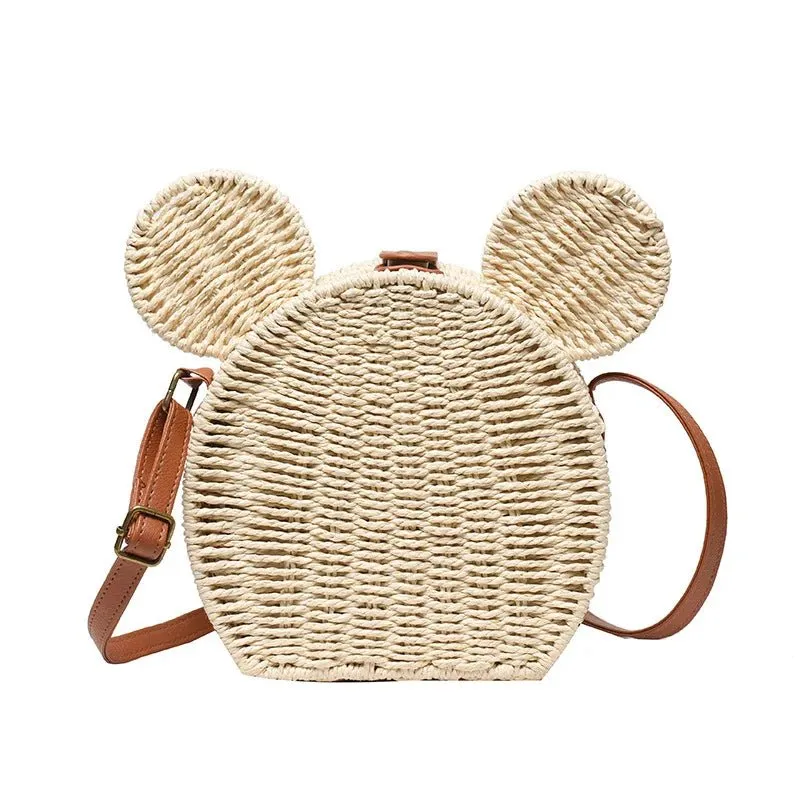 Small Round Rattan Mickey Shoulder Bag- Cute Mickey Handbag for Travel & Beach Vacations