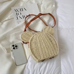 Small Round Rattan Mickey Shoulder Bag- Cute Mickey Handbag for Travel & Beach Vacations