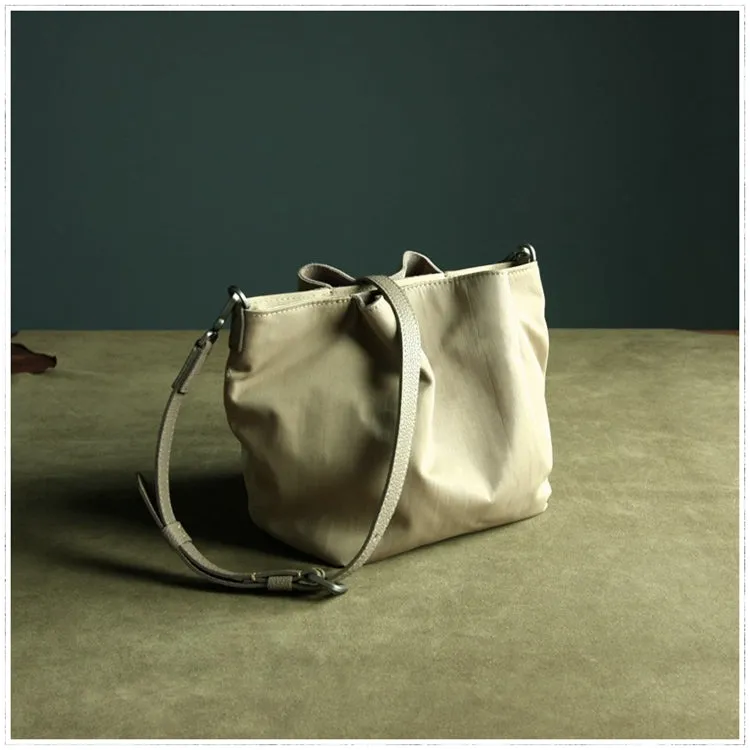 Small Womens Gray Nylon Leather Crossbody Handbag Purse Bucket Gray Nylon Shoulder Bag Purse for Ladies