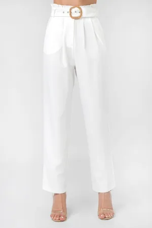 Solid Pant Featuring Paperbag Waist With Rattan Buckle Belt