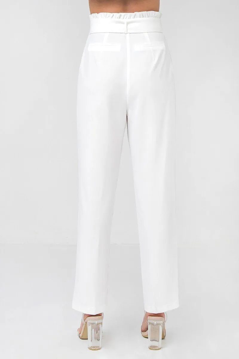 Solid Pant Featuring Paperbag Waist With Rattan Buckle Belt