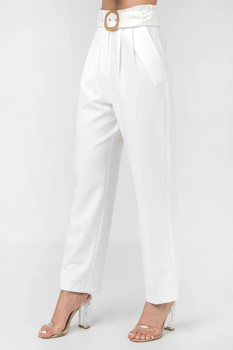 Solid Pant Featuring Paperbag Waist With Rattan Buckle Belt