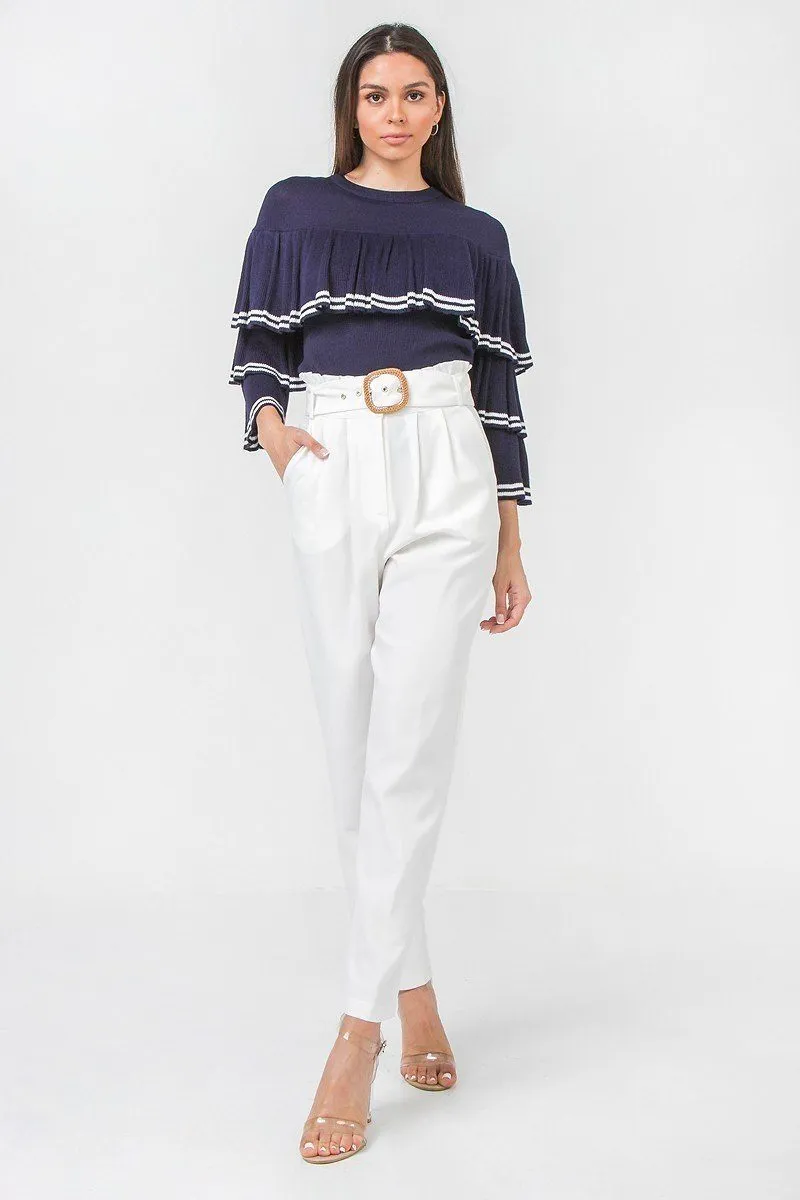 Solid Pant Featuring Paperbag Waist With Rattan Buckle Belt