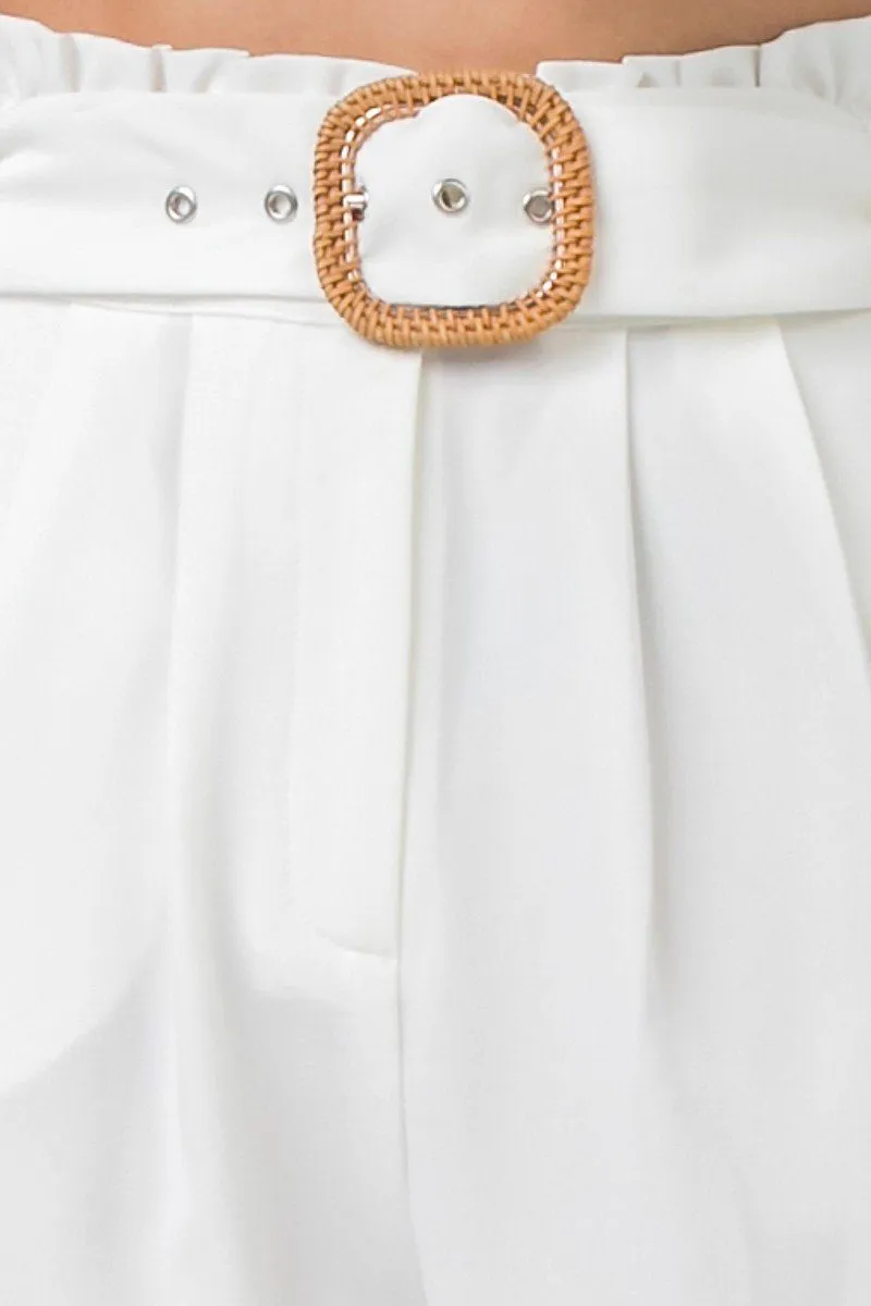 Solid Pant Featuring Paperbag Waist With Rattan Buckle Belt