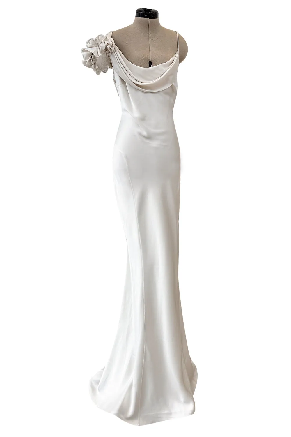 Spring 2011 John Galliano Ivory Bias Cut Silk Dress w Ruffle Shoulder Detail