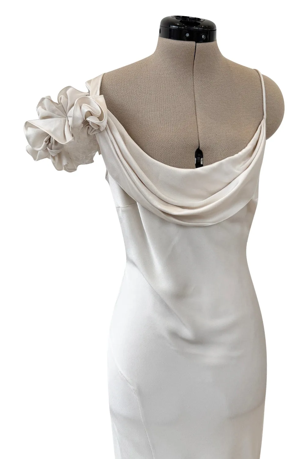 Spring 2011 John Galliano Ivory Bias Cut Silk Dress w Ruffle Shoulder Detail