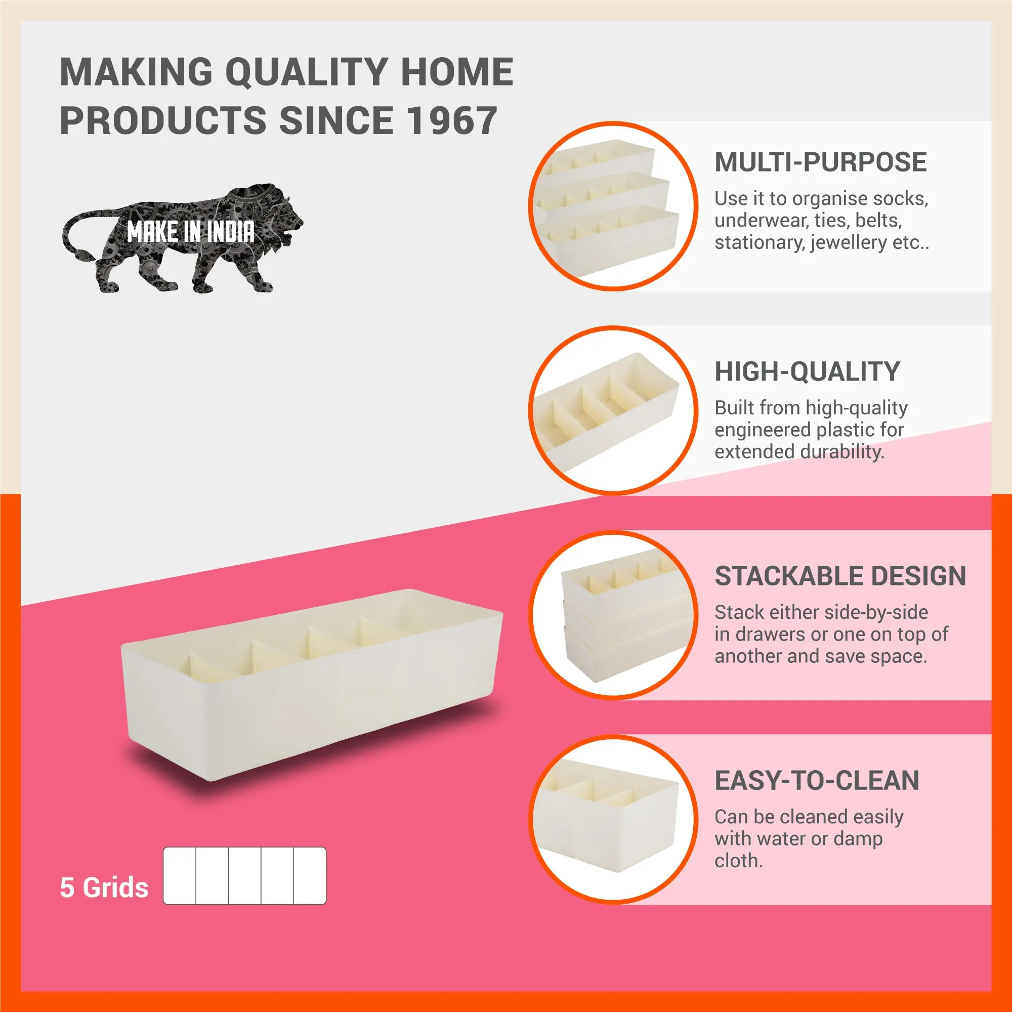 Stomo Dori Multi-Purpose Stackable Drawer Organizer For Home | Ivory - Set of 16