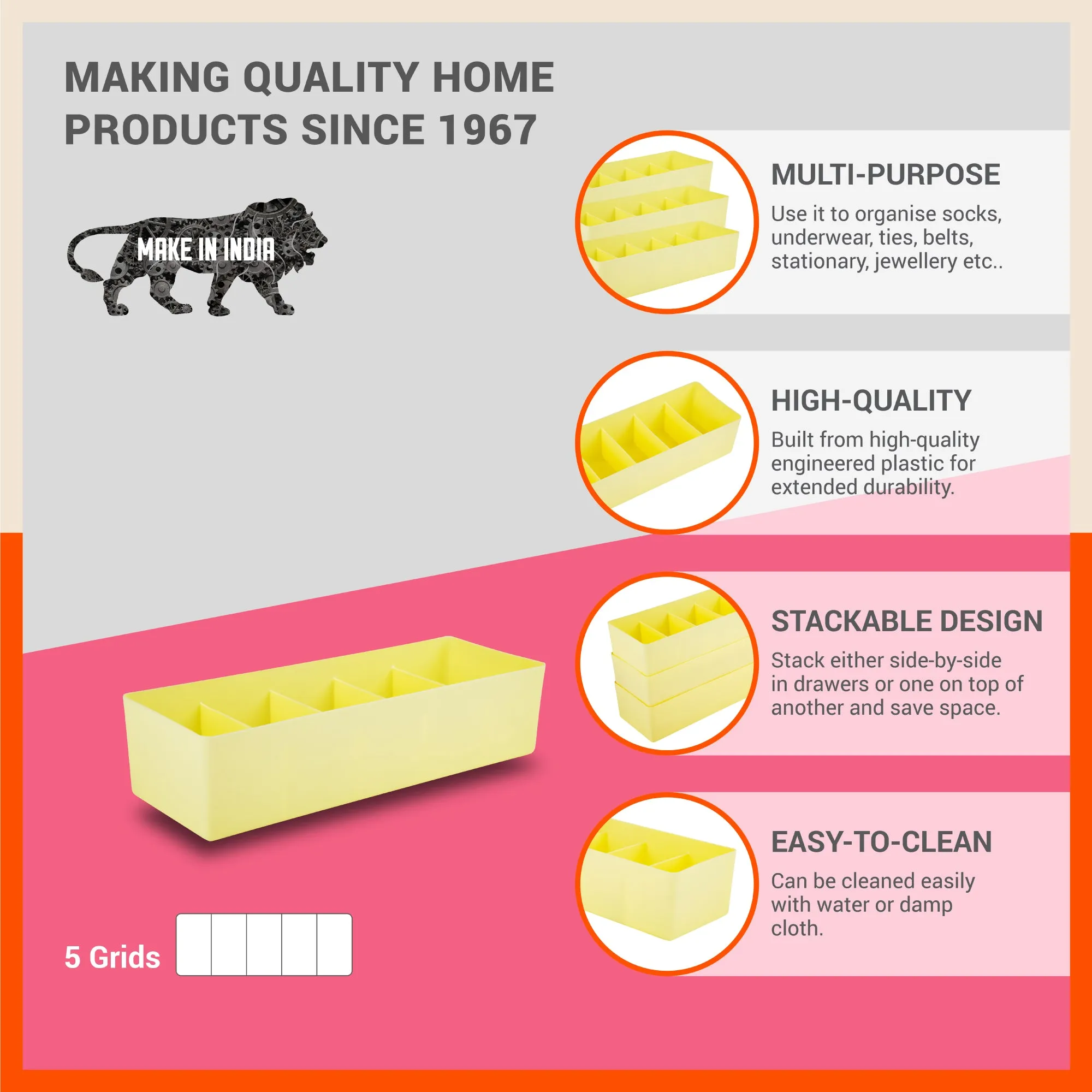 Stomo Dori Multi-Purpose Stackable Drawer Organizer For Home | Lemon - Set of 16