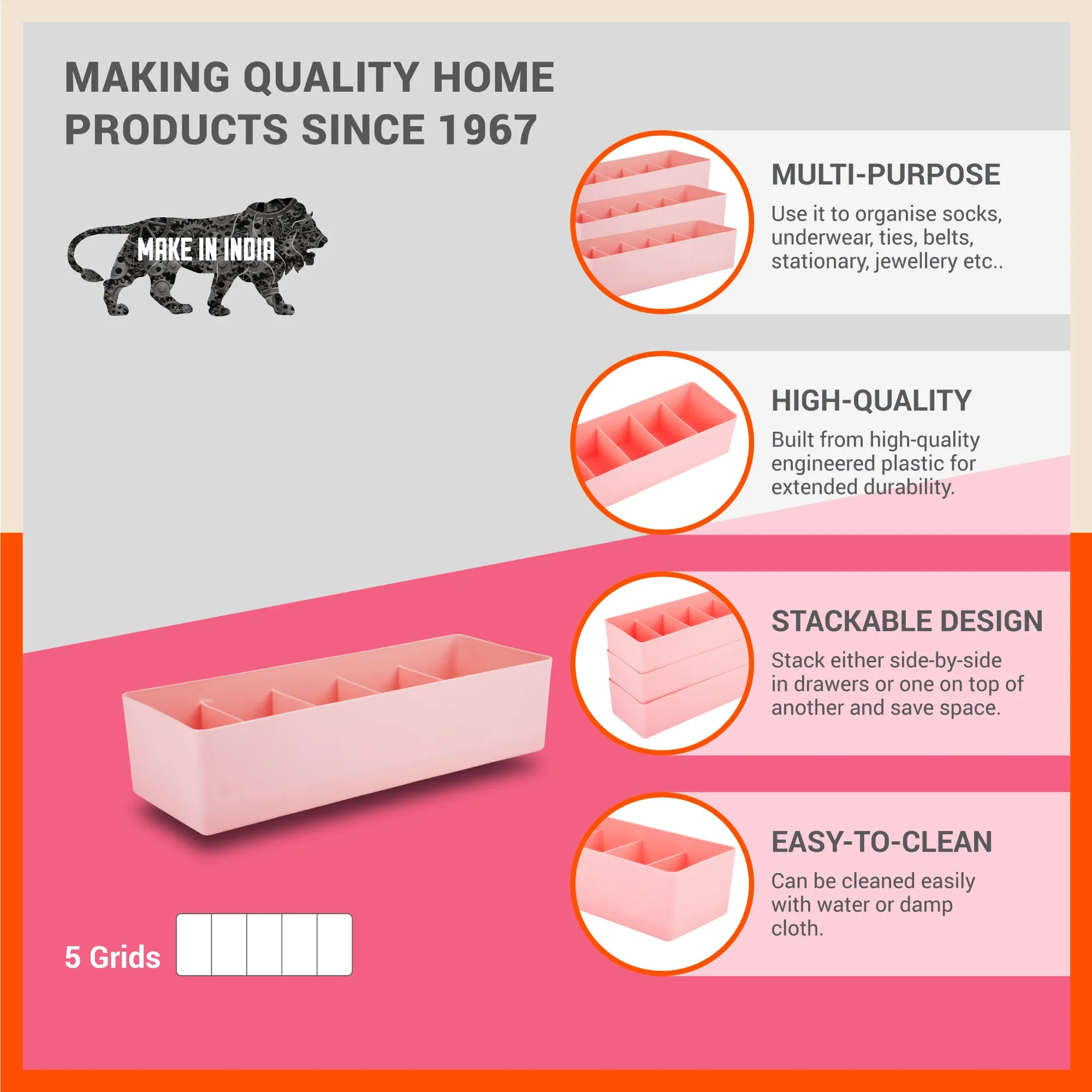 Stomo Dori Multi-Purpose Stackable Drawer Organizer For Home | Peach - Set of 3