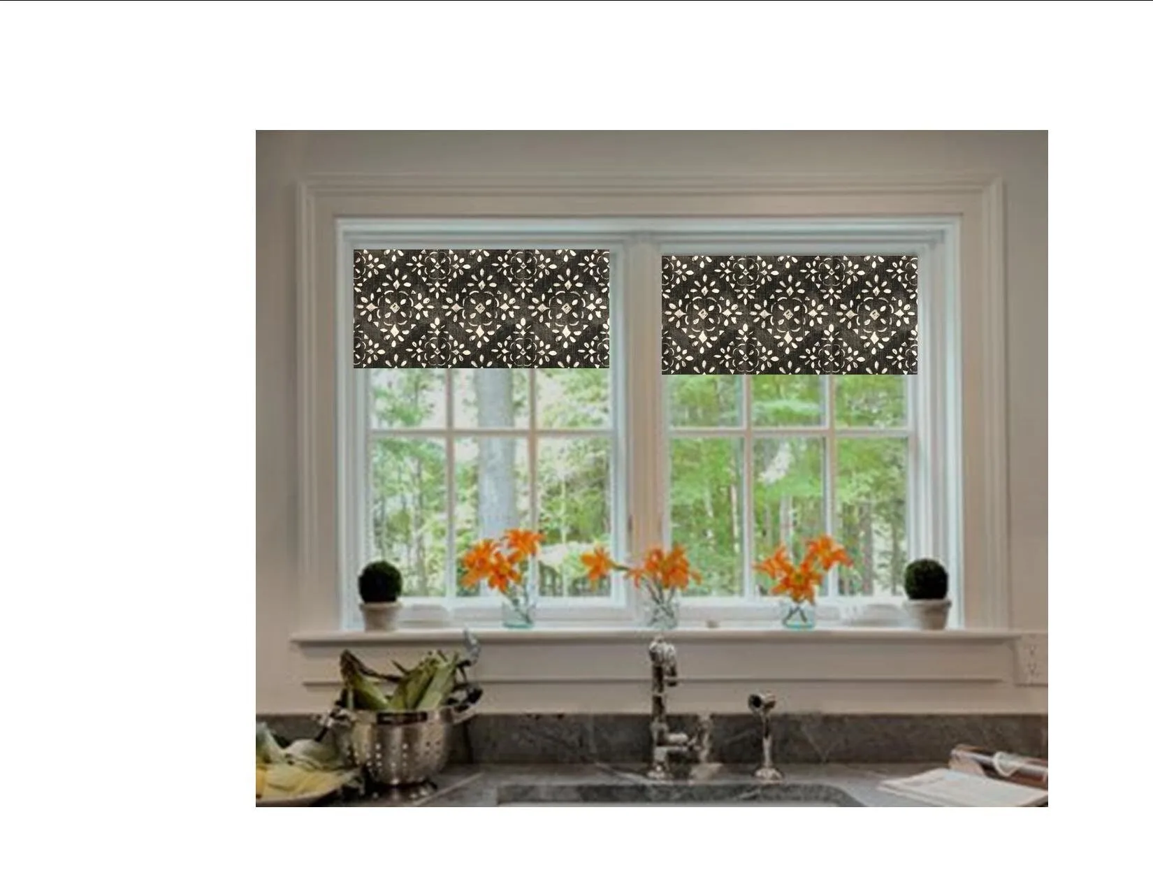 Straight Valance in Blue or Charcoal Grey and White Stencil Print, Fully Lined, Custom Made