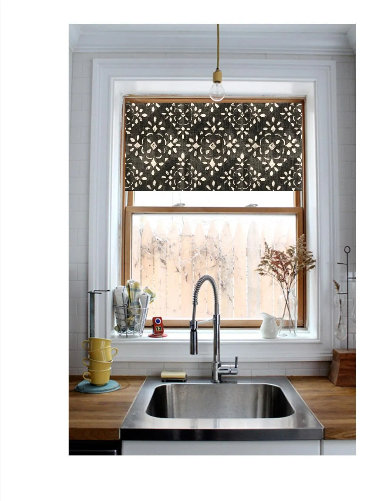 Straight Valance in Blue or Charcoal Grey and White Stencil Print, Fully Lined, Custom Made