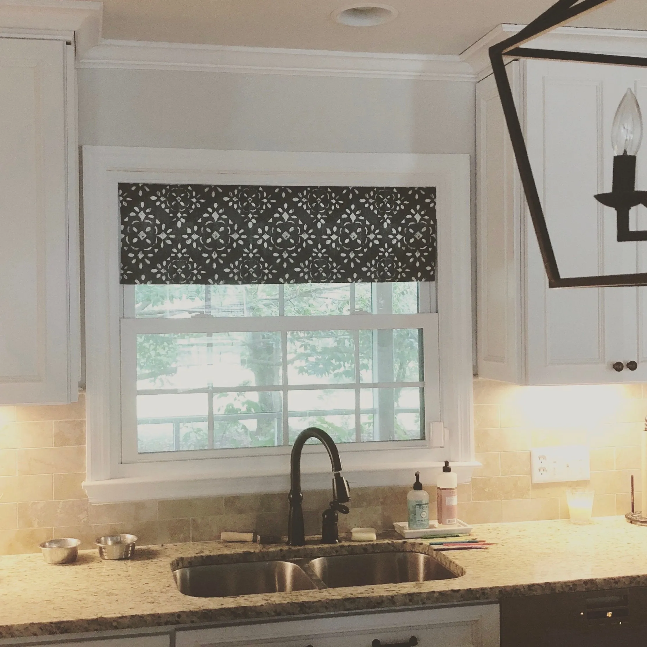Straight Valance in Blue or Charcoal Grey and White Stencil Print, Fully Lined, Custom Made