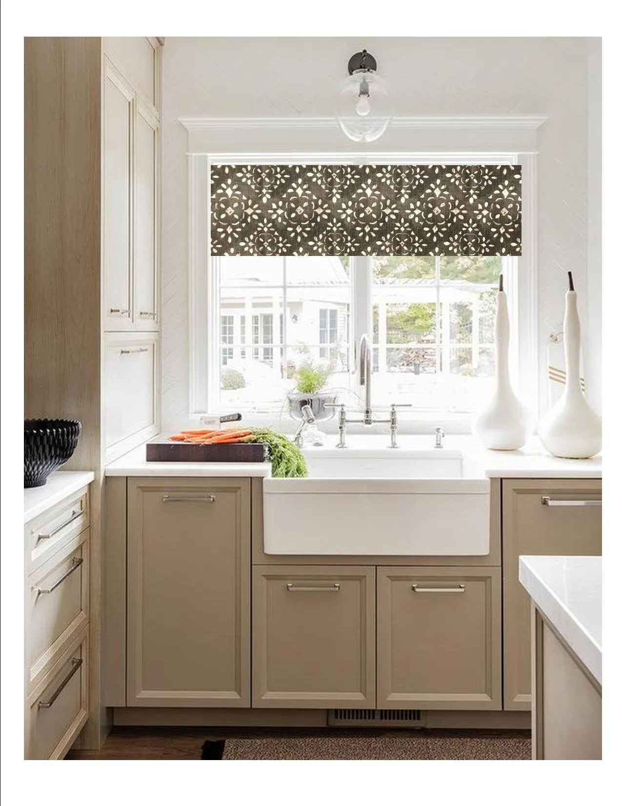 Straight Valance in Blue or Charcoal Grey and White Stencil Print, Fully Lined, Custom Made