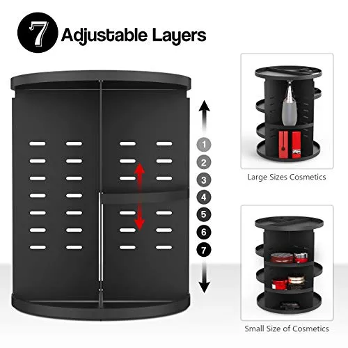 Syntus 360 Rotating Makeup Organizer, DIY Adjustable Bathroom Makeup Carousel Spinning Holder Rack, Large Capacity Cosmetics Storage Box Vanity Shelf Countertop, Fits Makeup Brushes, Lipsticks, Black