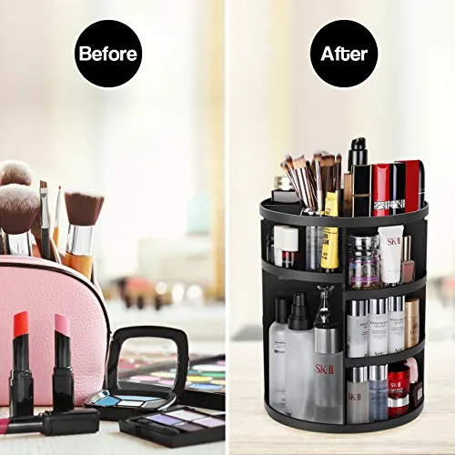 Syntus 360 Rotating Makeup Organizer, DIY Adjustable Bathroom Makeup Carousel Spinning Holder Rack, Large Capacity Cosmetics Storage Box Vanity Shelf Countertop, Fits Makeup Brushes, Lipsticks, Black