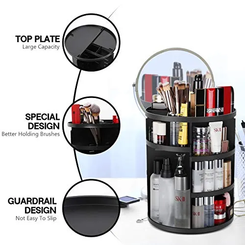 Syntus 360 Rotating Makeup Organizer, DIY Adjustable Bathroom Makeup Carousel Spinning Holder Rack, Large Capacity Cosmetics Storage Box Vanity Shelf Countertop, Fits Makeup Brushes, Lipsticks, Black