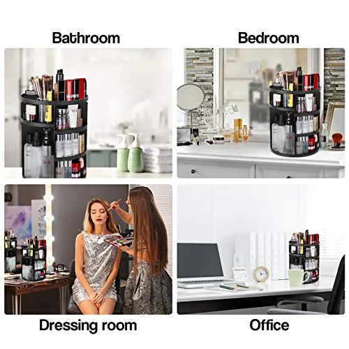 Syntus 360 Rotating Makeup Organizer, DIY Adjustable Bathroom Makeup Carousel Spinning Holder Rack, Large Capacity Cosmetics Storage Box Vanity Shelf Countertop, Fits Makeup Brushes, Lipsticks, Black