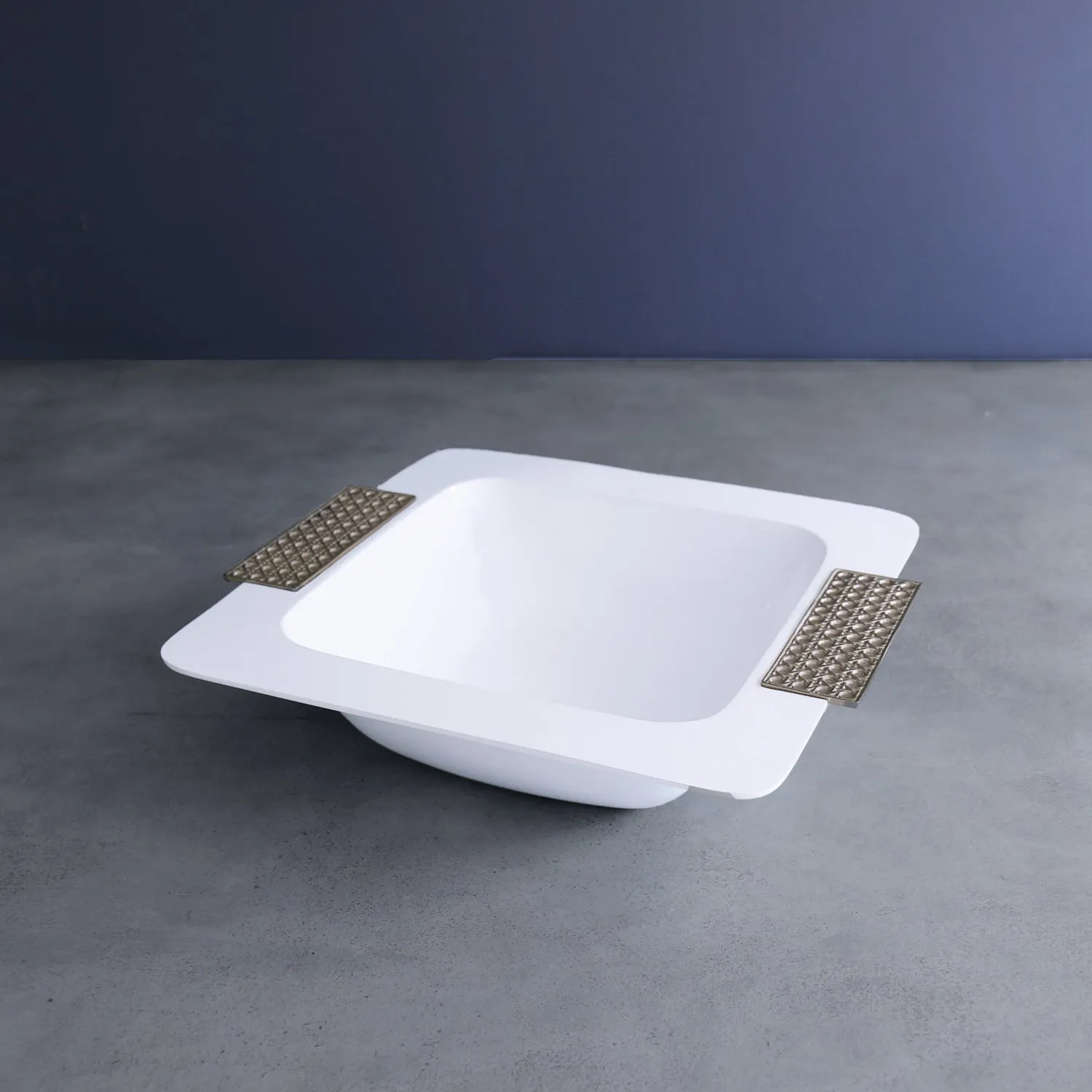 Thanni Rattan Large Square Bowl (White/Gold)