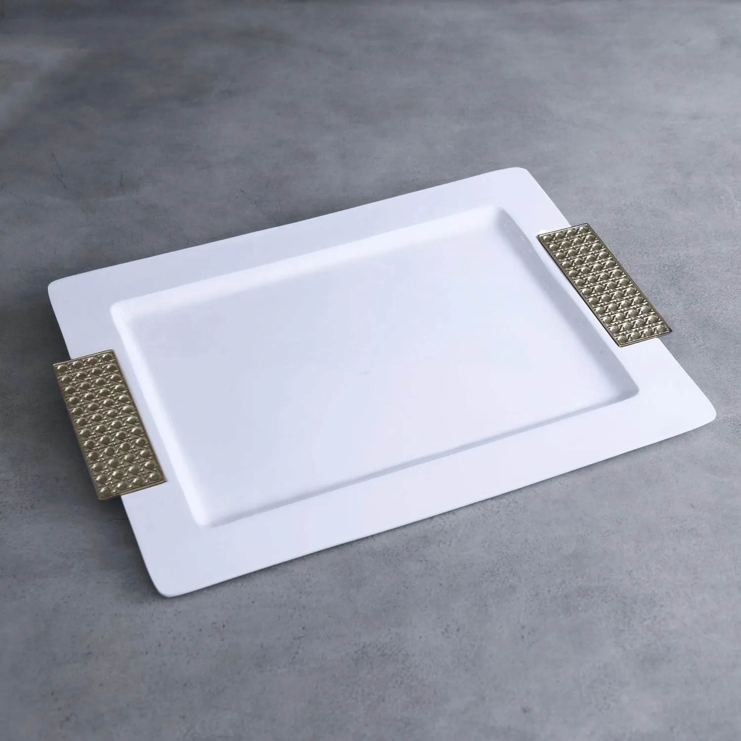 Thanni Rattan Lg Rectangular Tray (White/Gold)