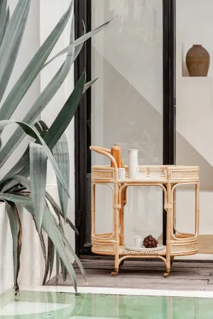 The Glendora Rattan Bar Cart with wheels (West Coast delivery only)