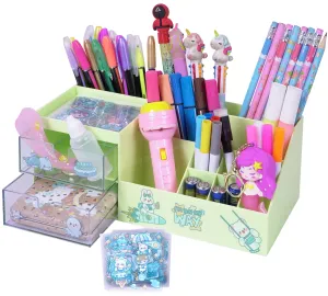 Toyshine Multi-Functional Desk Drawer Organizer Storage Box inbuilt 9 Compartments and 2 Drawers with Kawaii Sticker Sheets - Green
