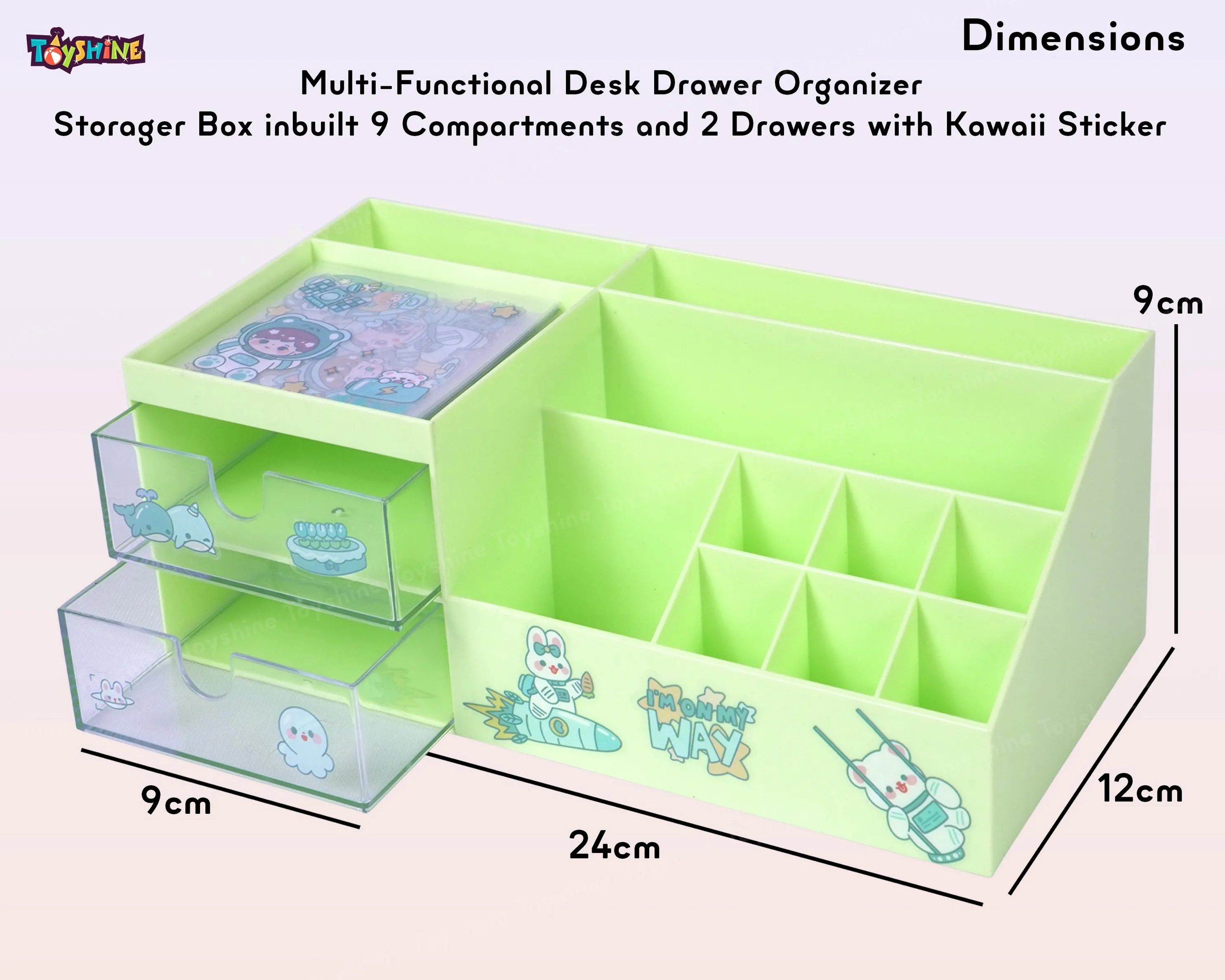 Toyshine Multi-Functional Desk Drawer Organizer Storage Box inbuilt 9 Compartments and 2 Drawers with Kawaii Sticker Sheets - Green