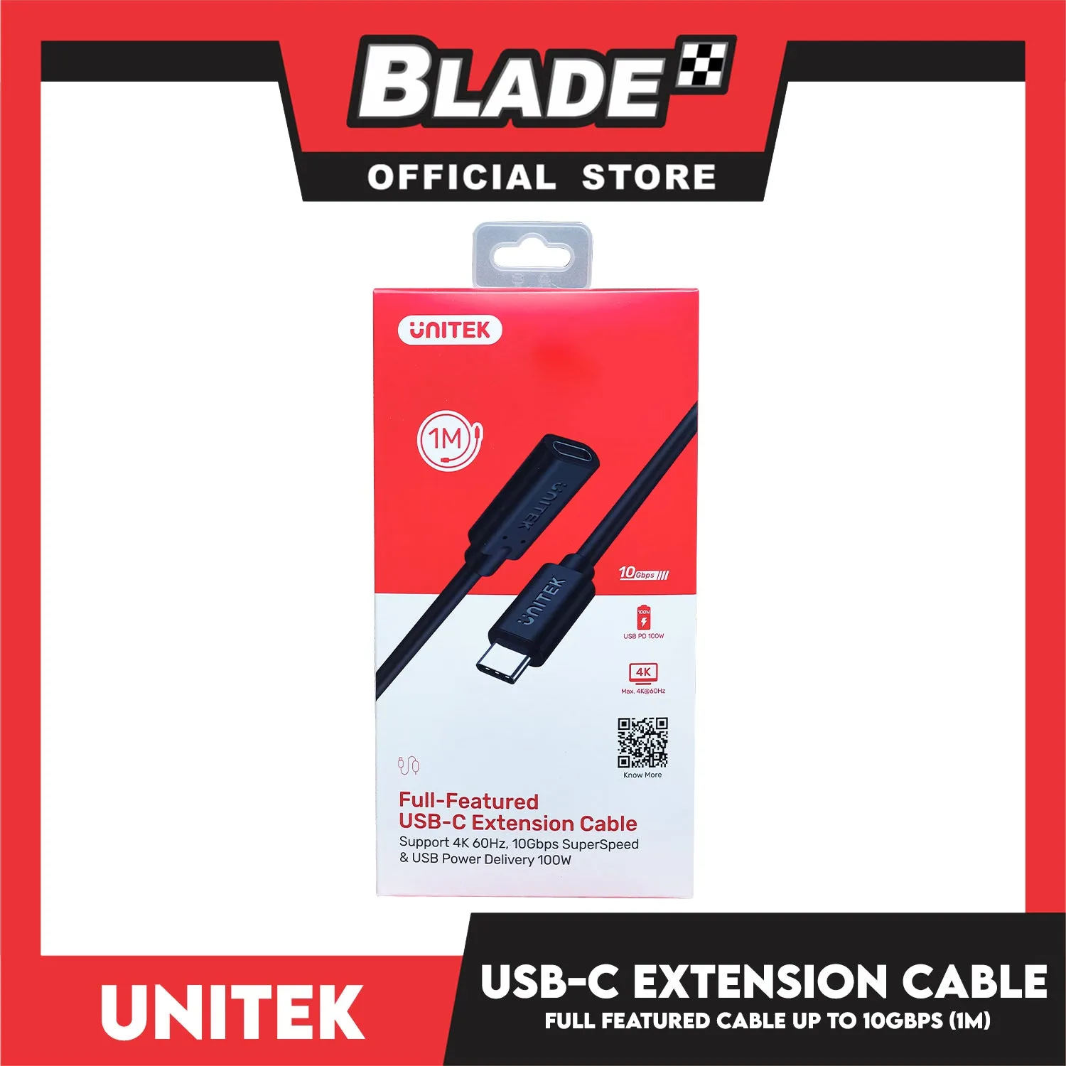 Unitek Full-Featured USB-C Extension Cable With 4K 60Hz, 100W Power Delivery And 10Gbps Data (USB 3.2 Gen2) C14086BK 1m