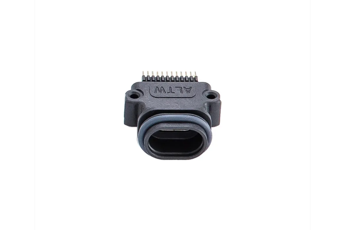USB C IP68 plastic female receptacle snap-in PCB 180deg