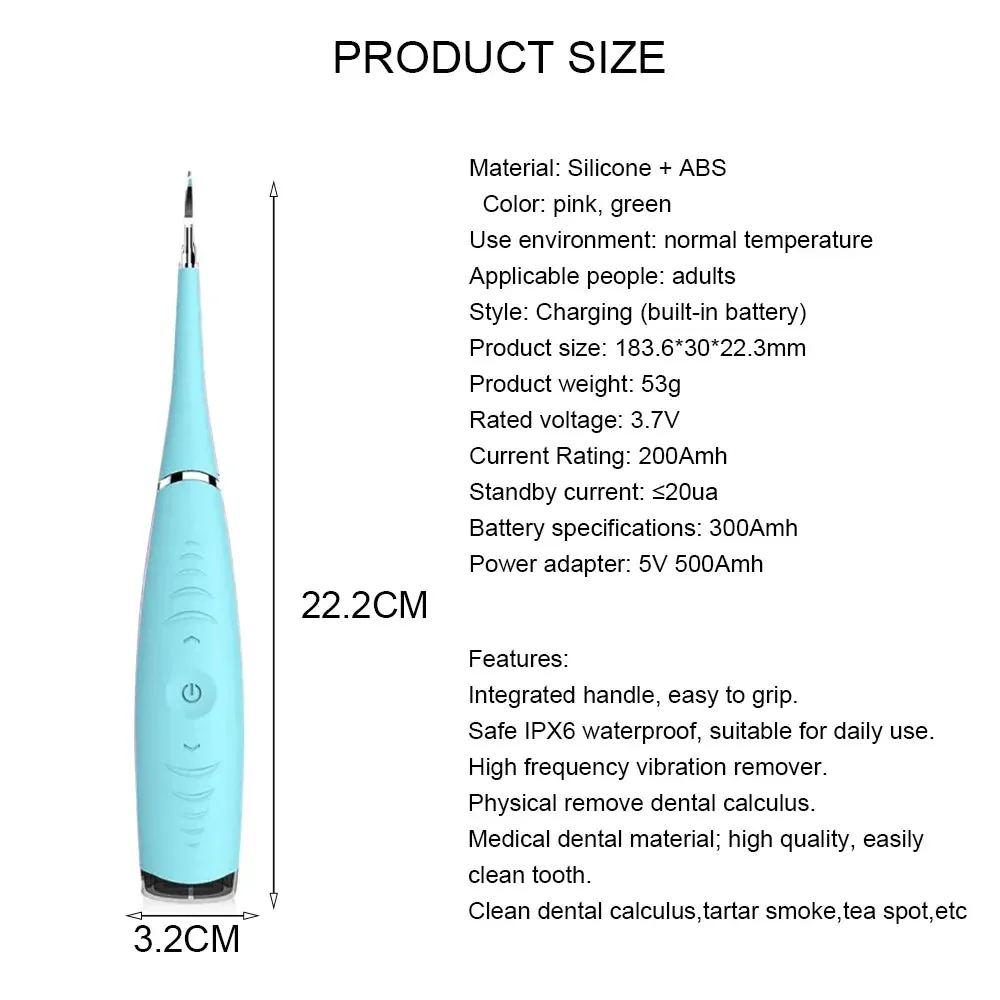 USB Rechargeable Vibrating Sonic Dental Scaler Tooth Plaque Remover Dental Stains Tartar Cleaning Tool Whitens Teeth