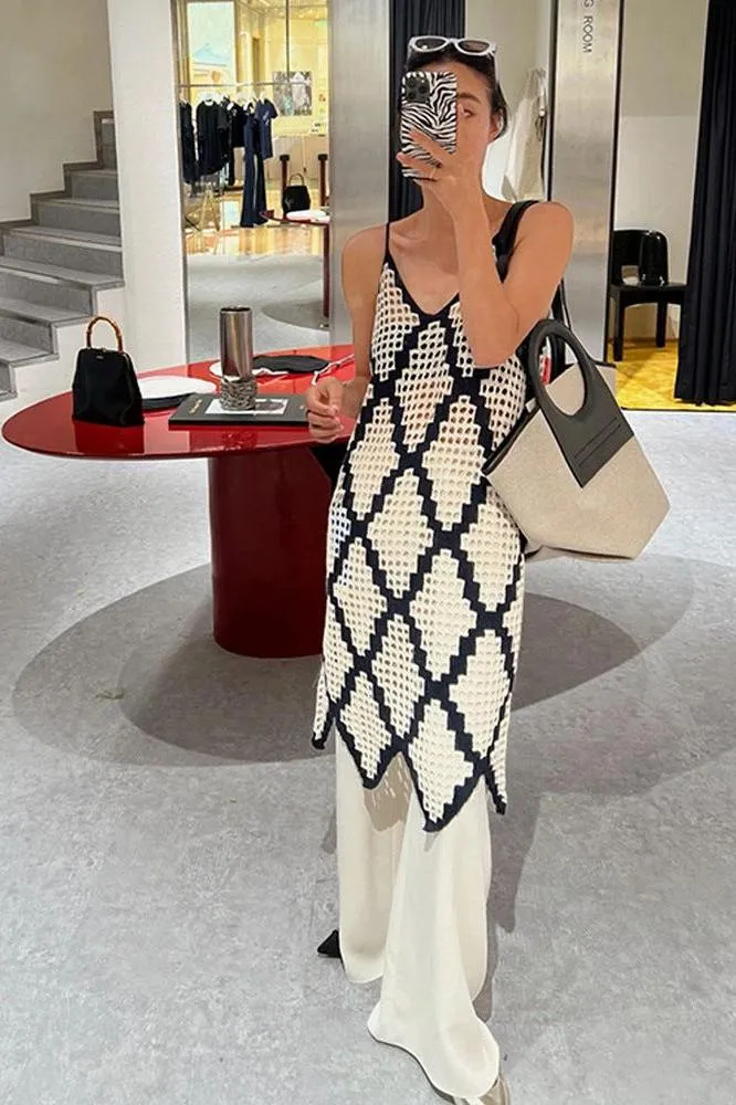 V-Neck Woven Hollow Diamond Lattice Sling Dress