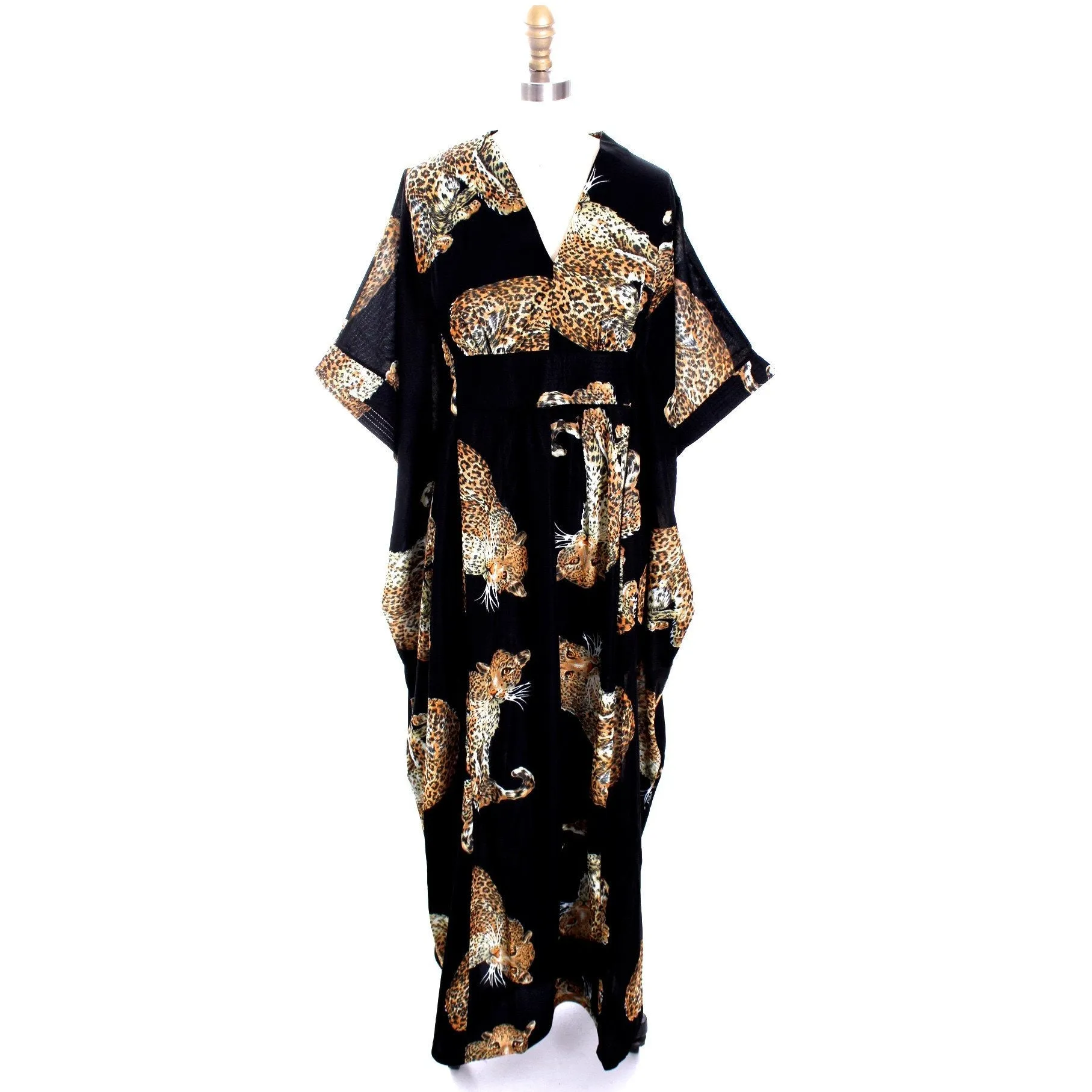 Vintage 1970s Lounge Caftan Robe Cat Leopard Animal Print  Butterfield 8 Nylon O/S
