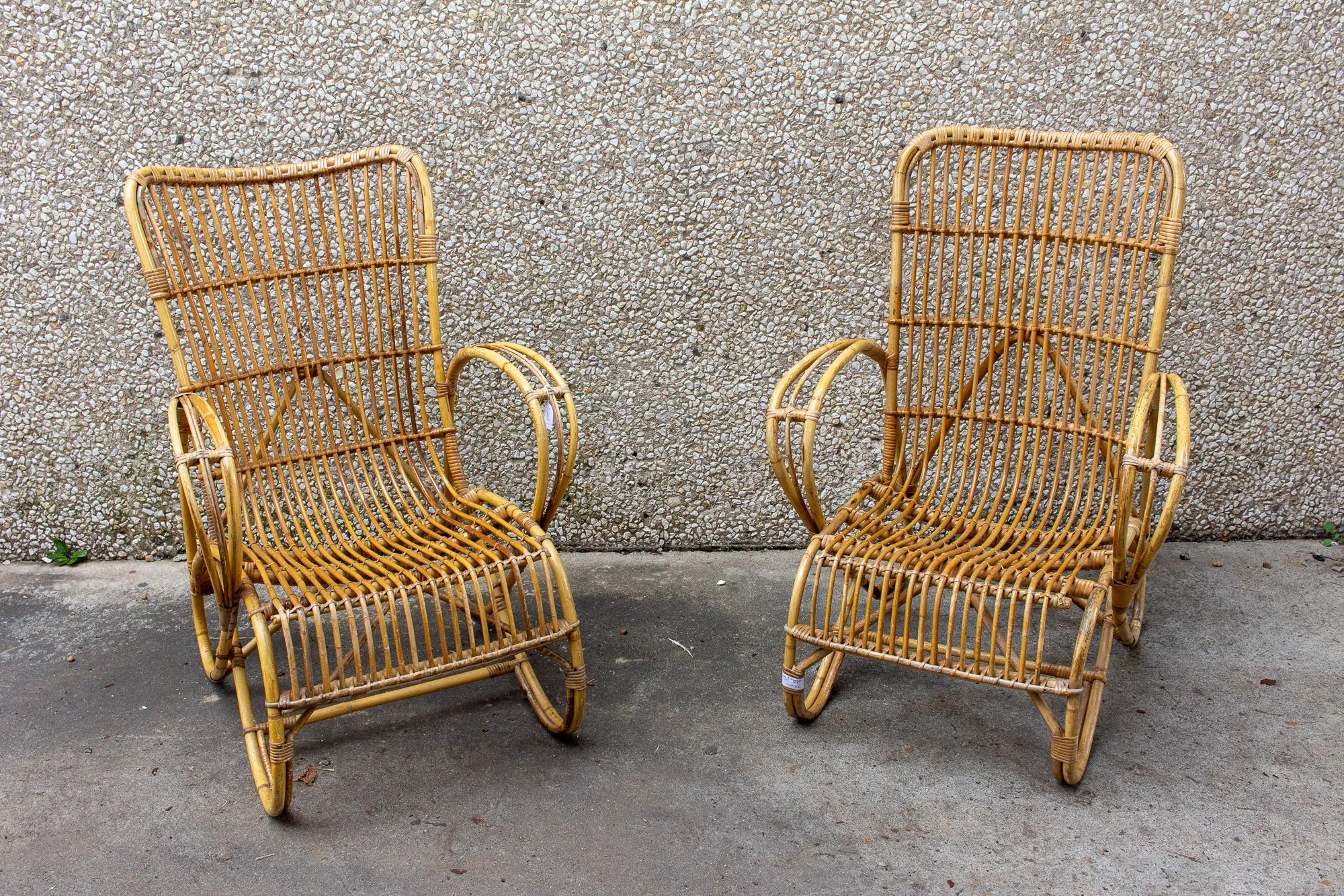 Vintage French Bamboo & Rattan Armchair with Tall Back