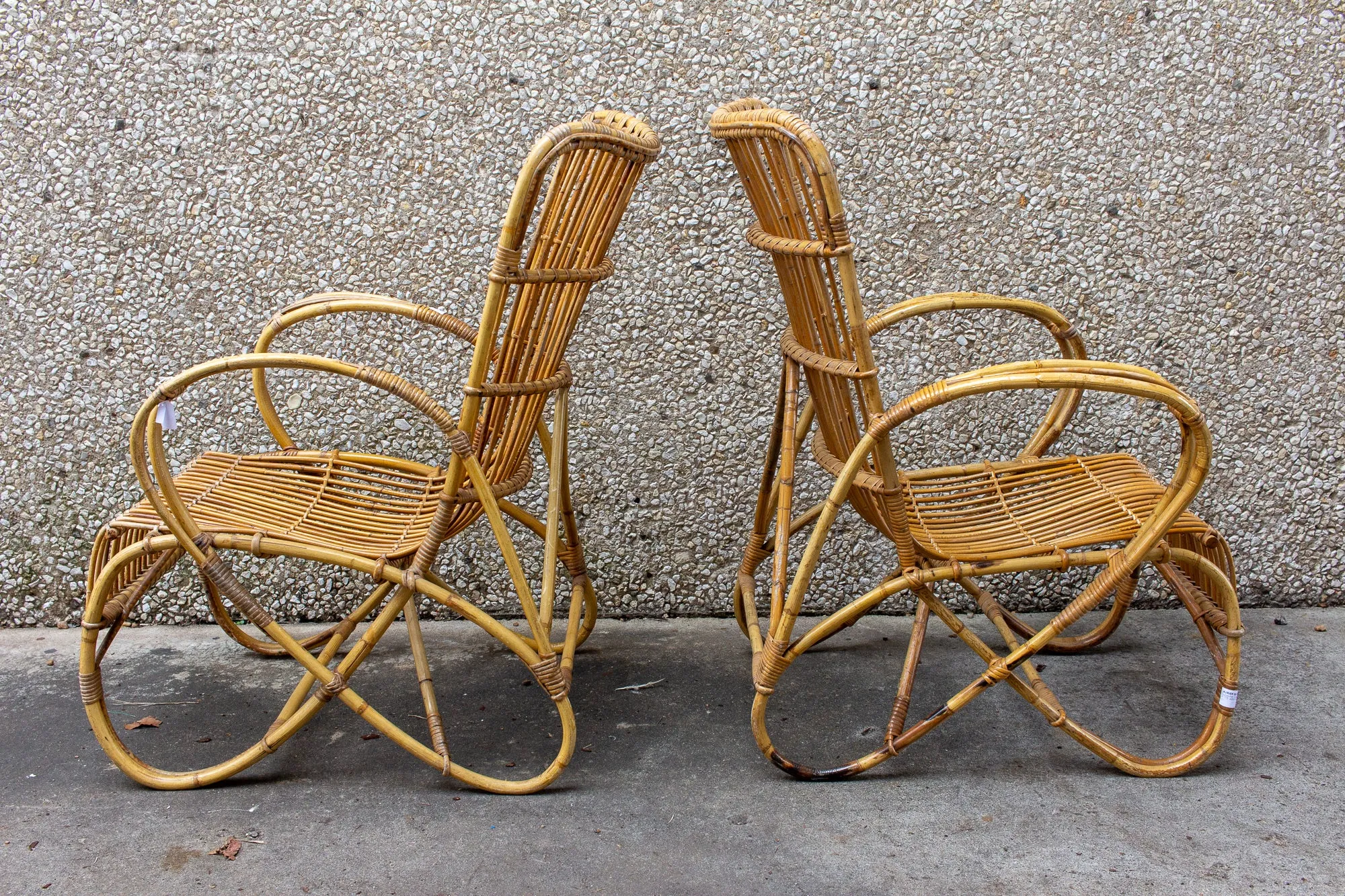 Vintage French Bamboo & Rattan Armchair with Tall Back