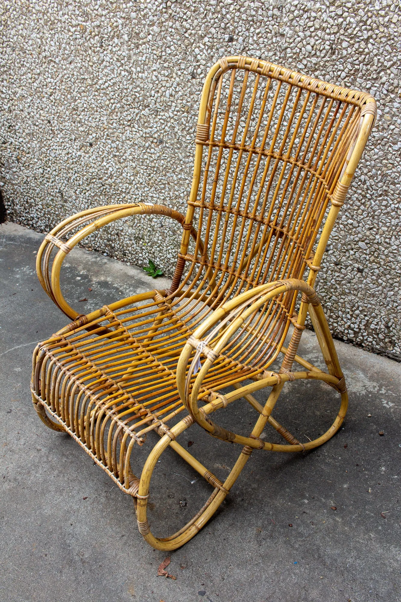Vintage French Bamboo & Rattan Armchair with Tall Back