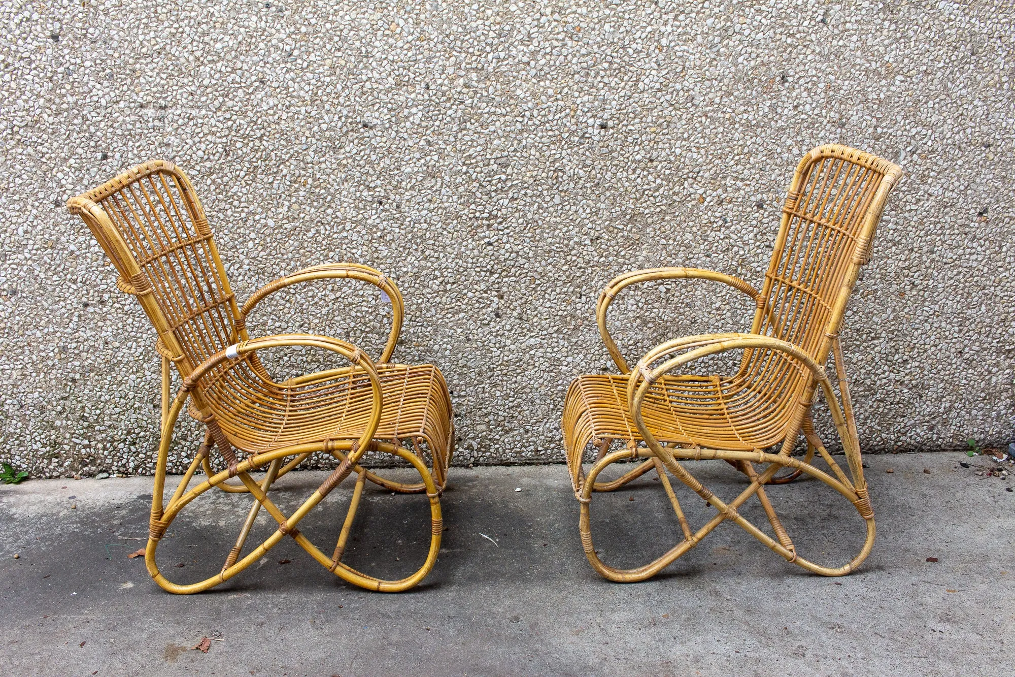 Vintage French Bamboo & Rattan Armchair with Tall Back