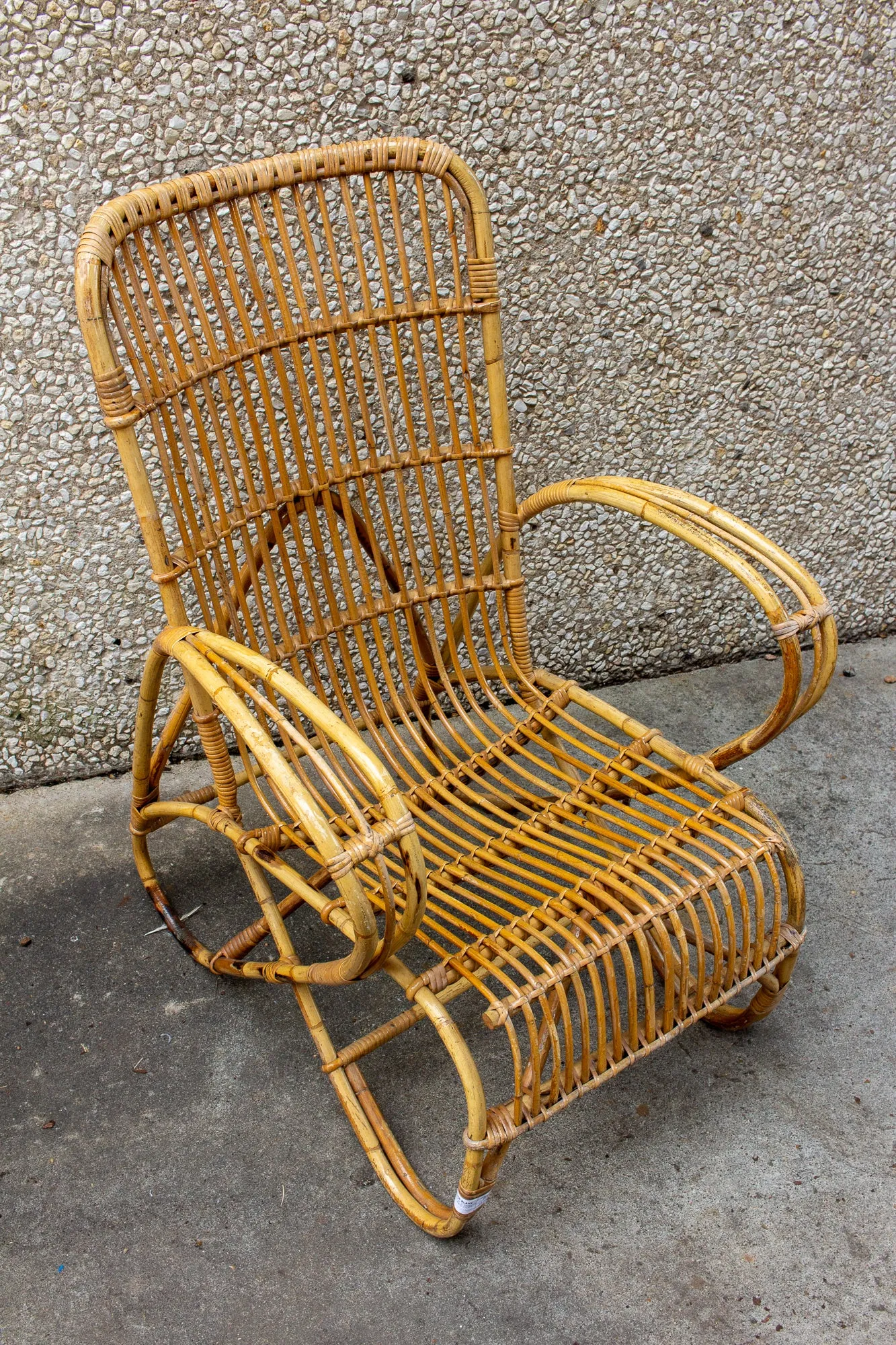 Vintage French Bamboo & Rattan Armchair with Tall Back