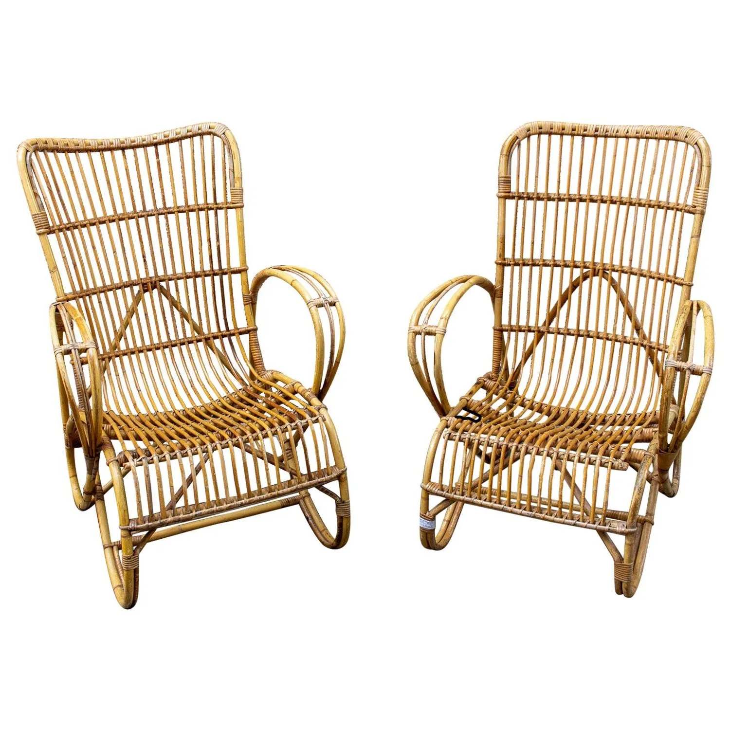 Vintage French Bamboo & Rattan Armchair with Tall Back