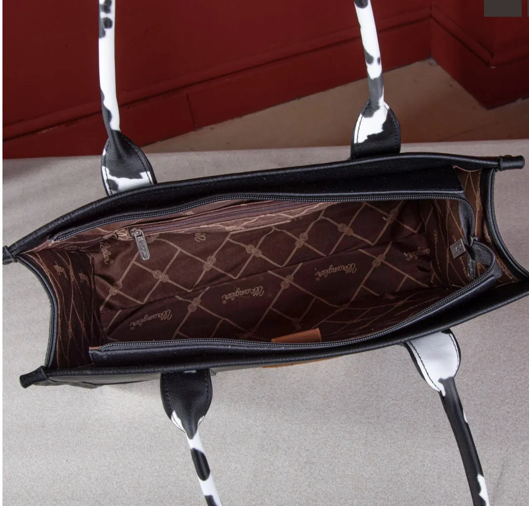 WG102-8119 Wrangler Cow Print Concealed Carry Wide Tote -Brown