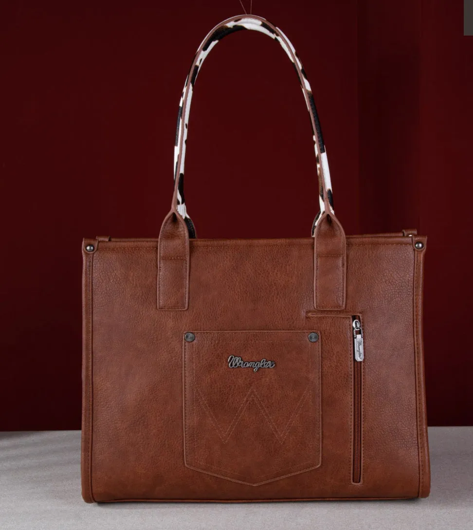 WG102-8119 Wrangler Cow Print Concealed Carry Wide Tote -Brown
