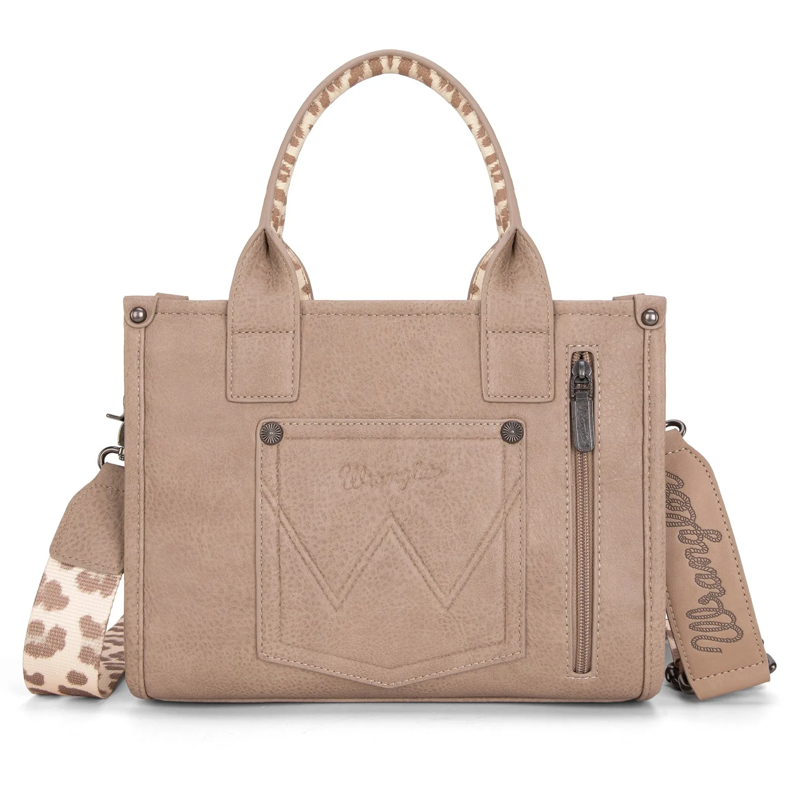 WG102-8120S  Wrangler Leopard Print Concealed Carry Tote/Crossbody - Tan