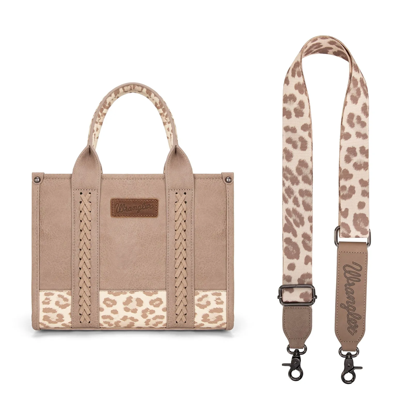 WG102-8120S  Wrangler Leopard Print Concealed Carry Tote/Crossbody - Tan